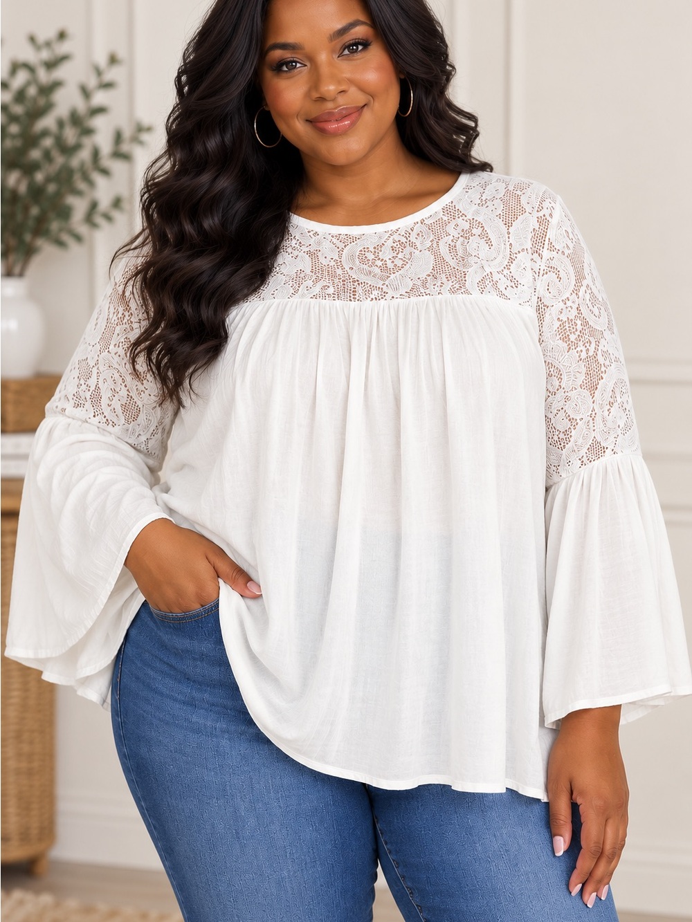 JohnPaulRichard Woman 2X White Lace Yoke Boho Bell Sleeve Tunic To
